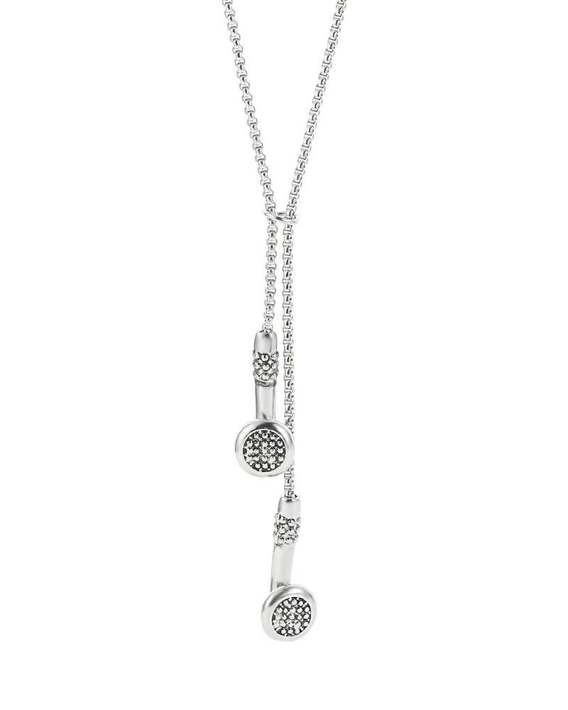 Earbud pendant necklace on model - alternate view