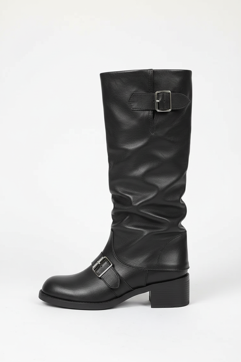 Buckled knee high motorcycle boots on model - alternate view