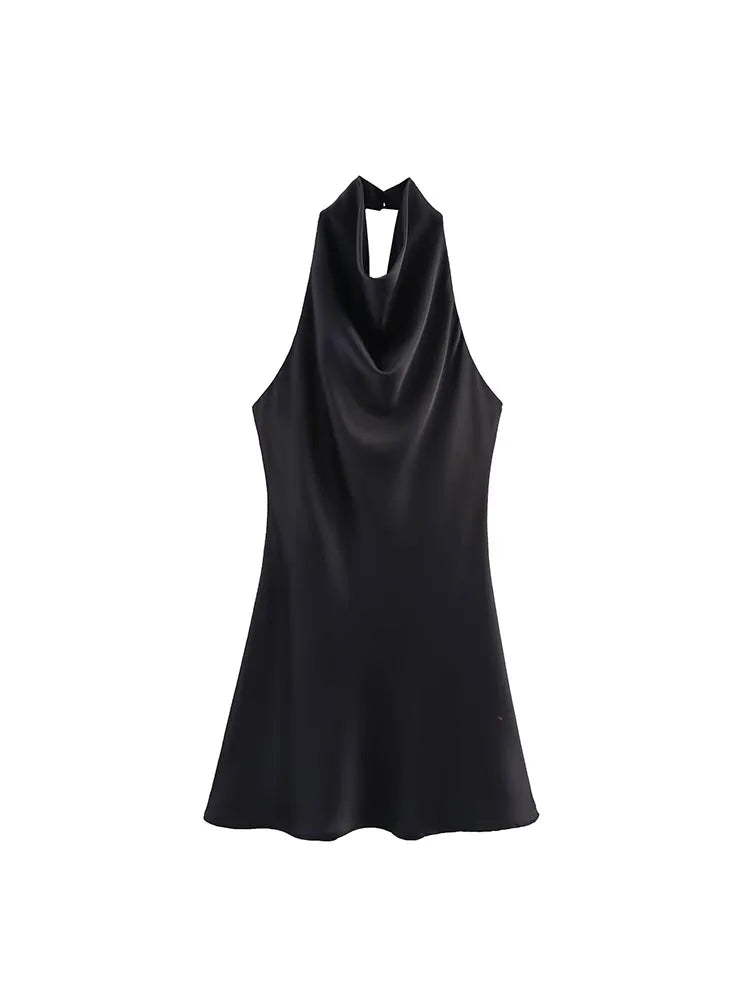Satin halter mini dress on model