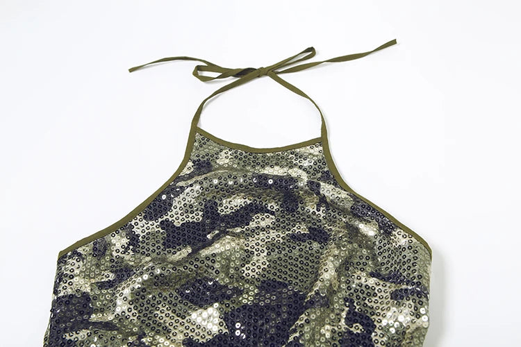 Camouflage sequin halter top on model - view 6