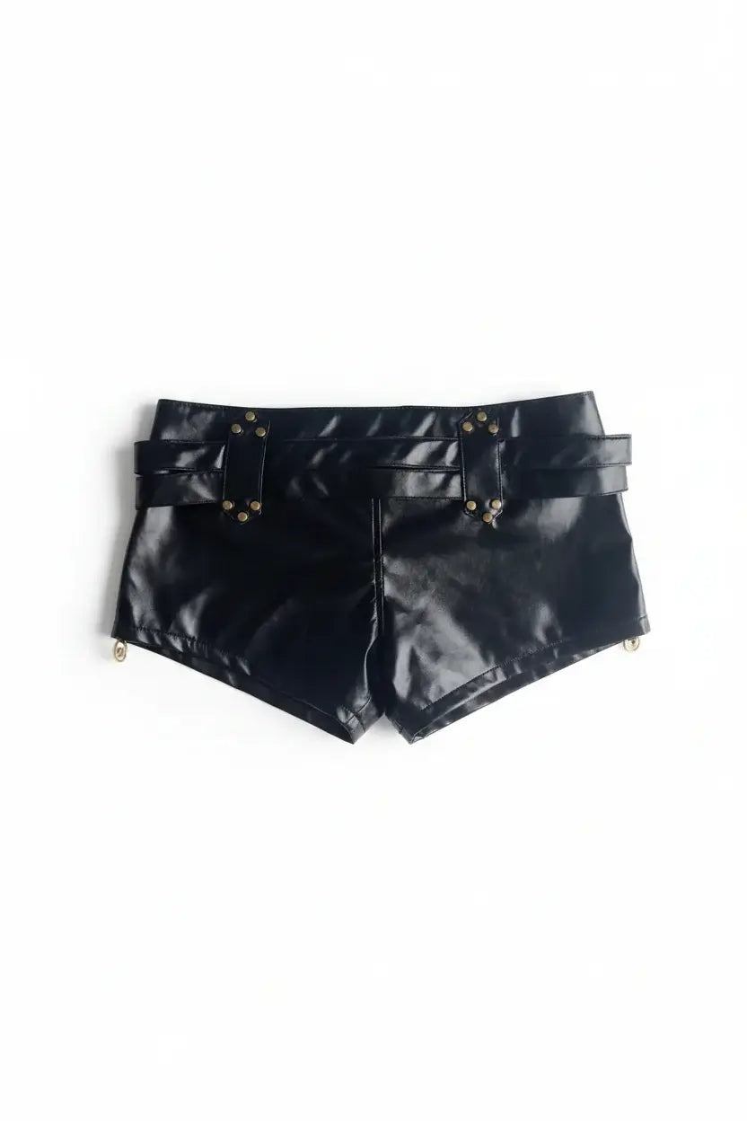 Low rise faux leather micro shorts on model - detail shot