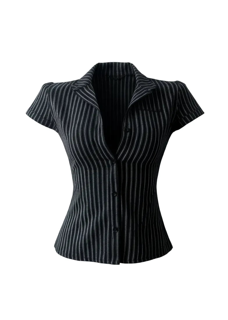 Pinstripe lace up back top on model - detail shot