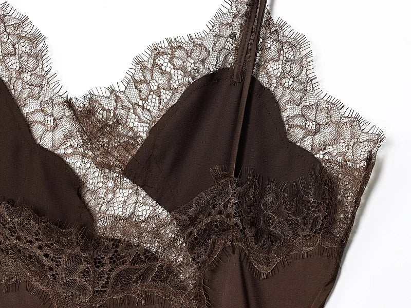 Asymmetrical lace satin slip dress on model - view 13