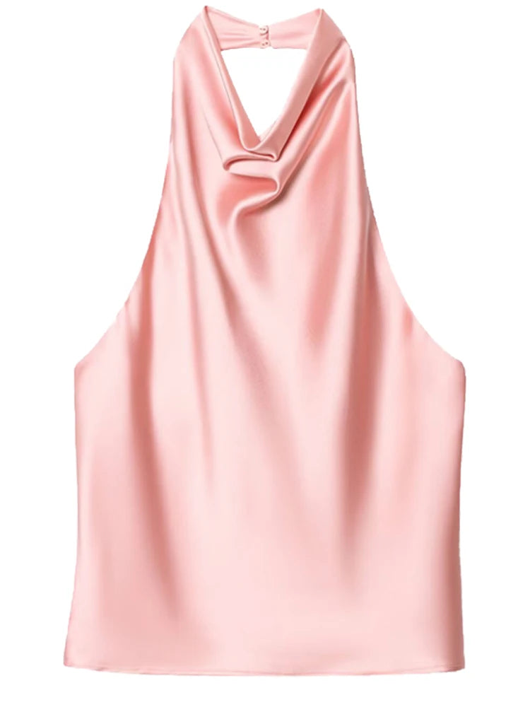 Satin backless halter top on model - view 9