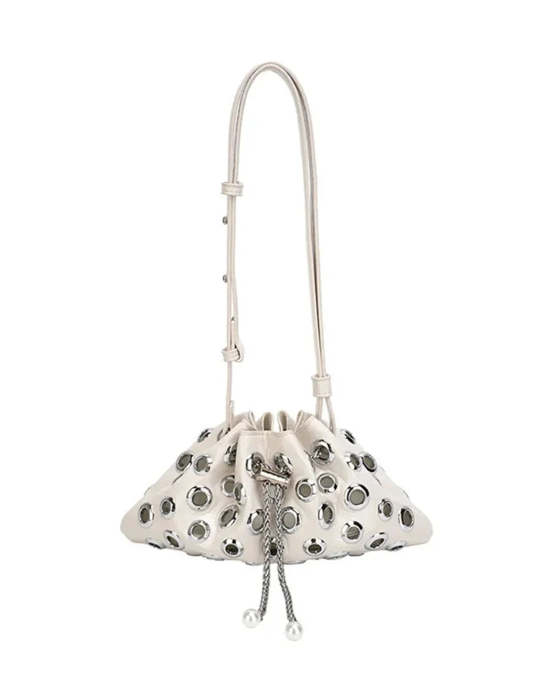 Drawstring rivet studded shoulder bag - styling view