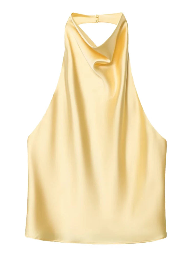 Satin backless halter top on model - view 7