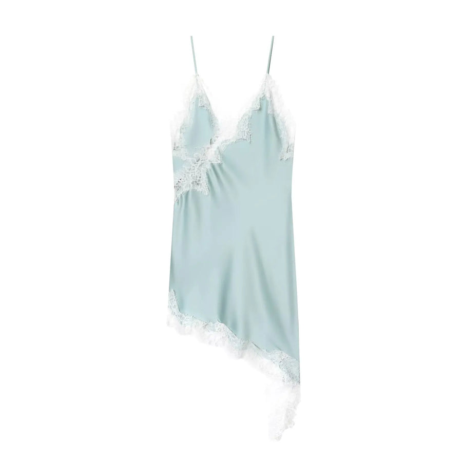 Asymmetrical lace satin slip dress on model - view 17