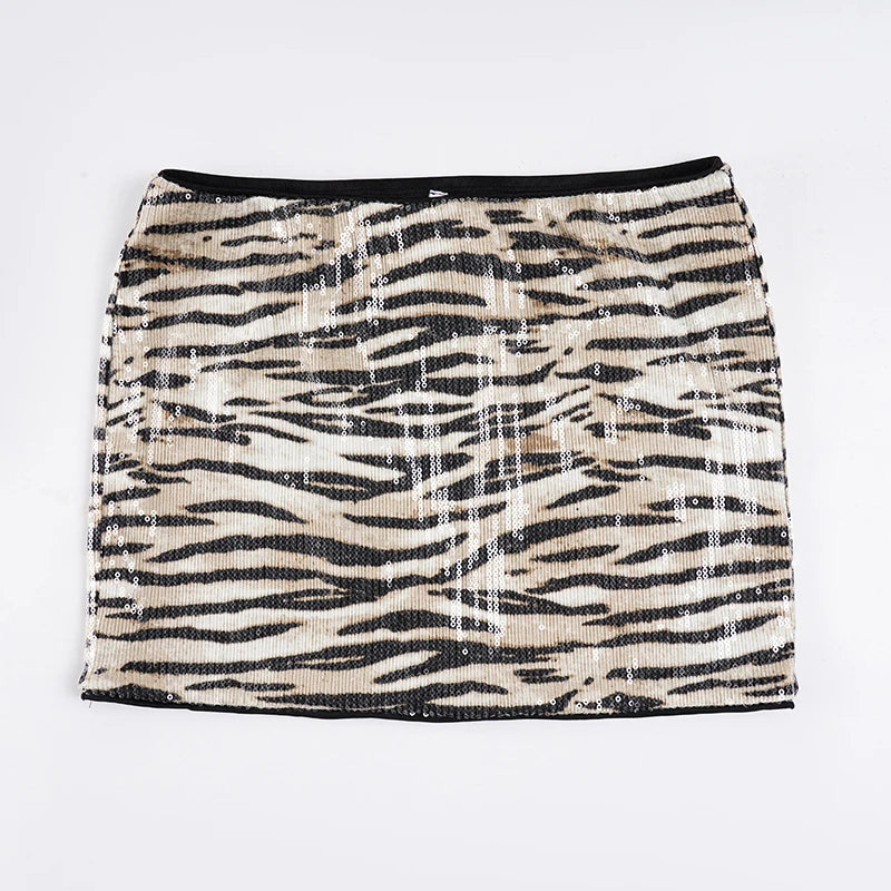 Sequin zebra print mini skirt on model - alternate view