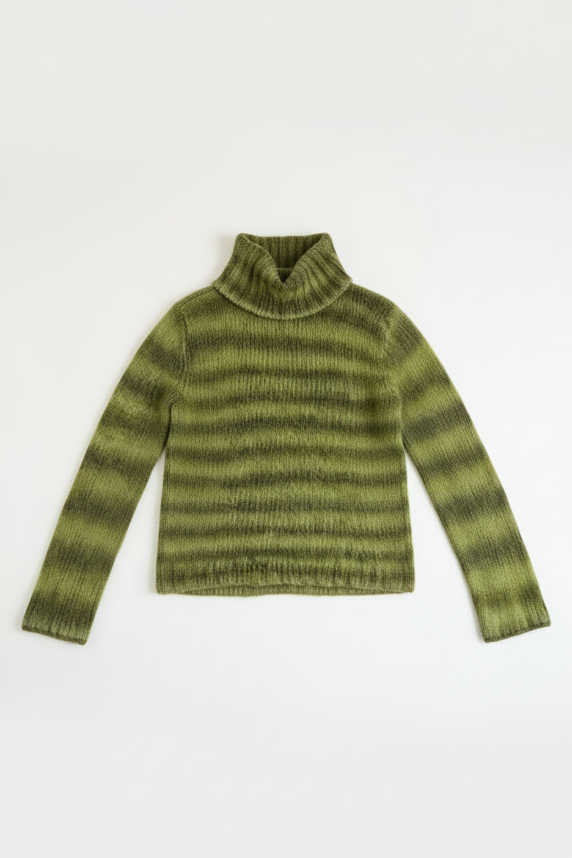 Retro green striped turtleneck knit on model