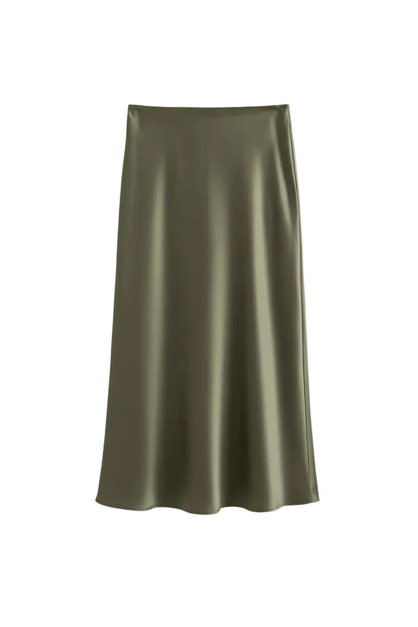 Black satin midi skirt on model - view 7