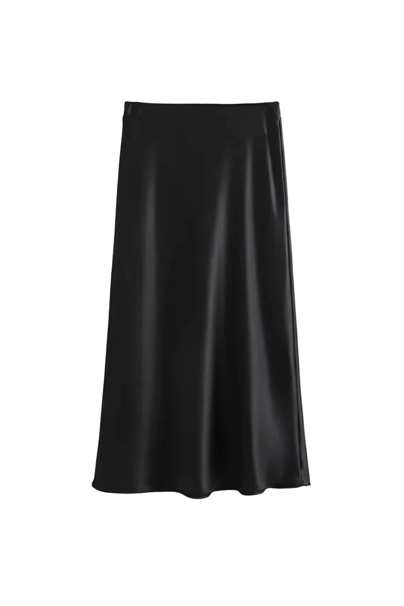 Black satin midi skirt on model - alternate view