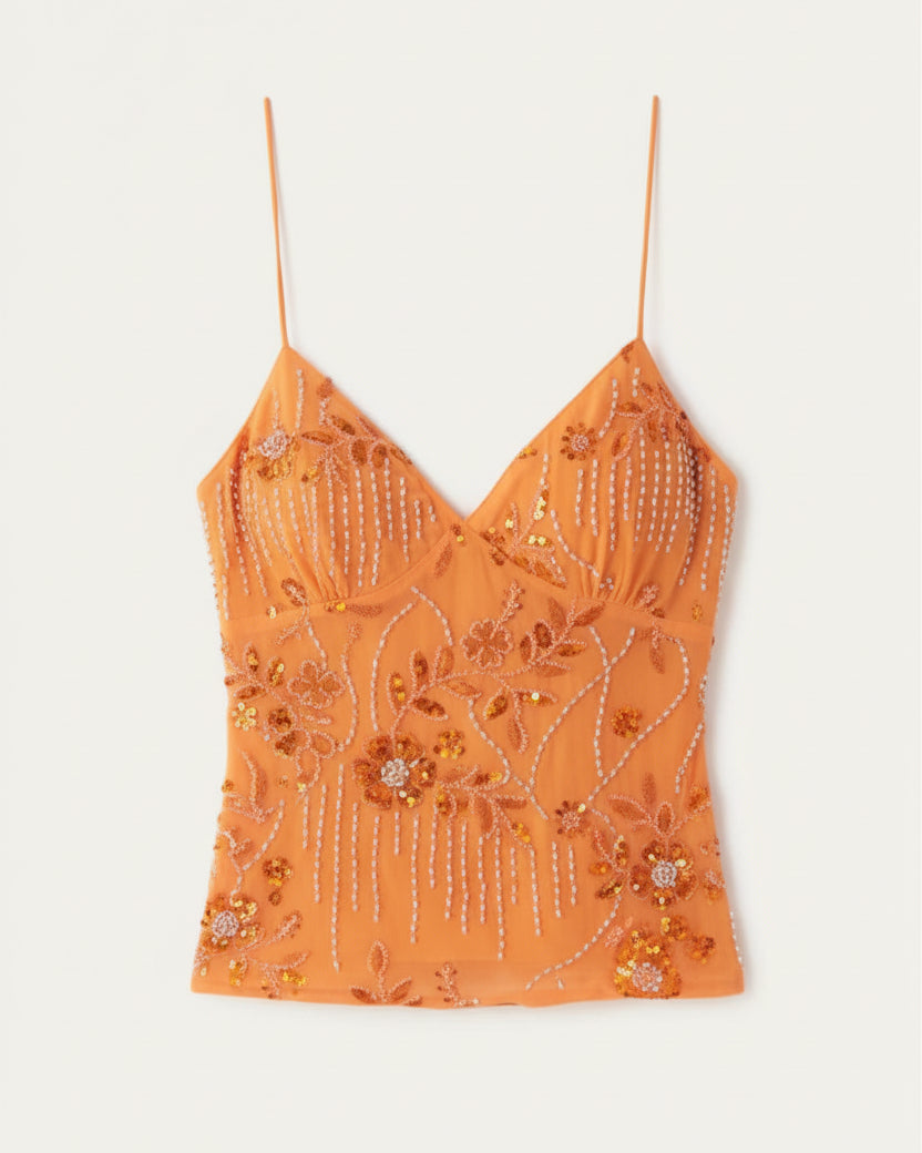 Embroidery flower sequined cami top on model - view 5