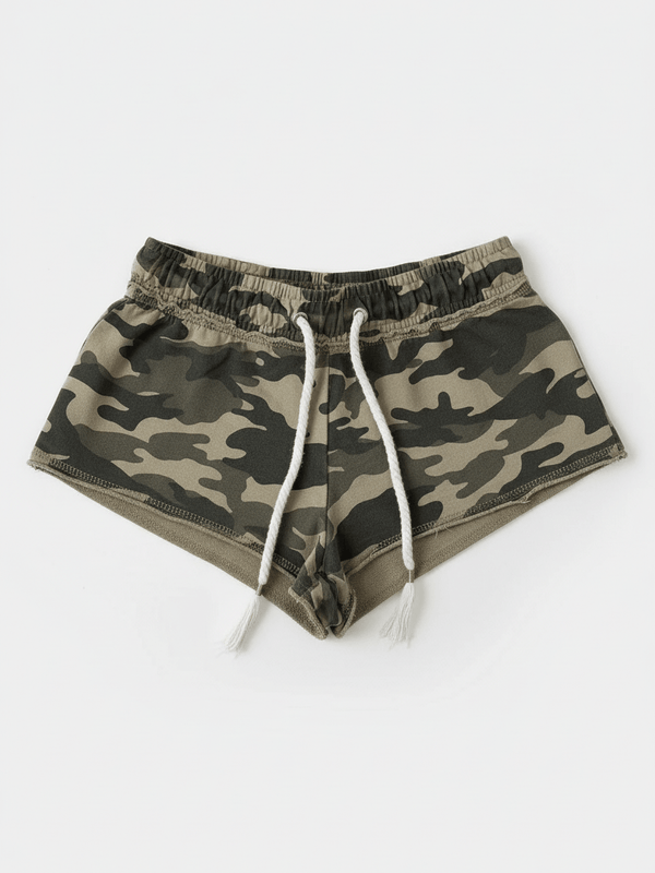 Camouflage patchwork drawstring shorts on model - alternate view