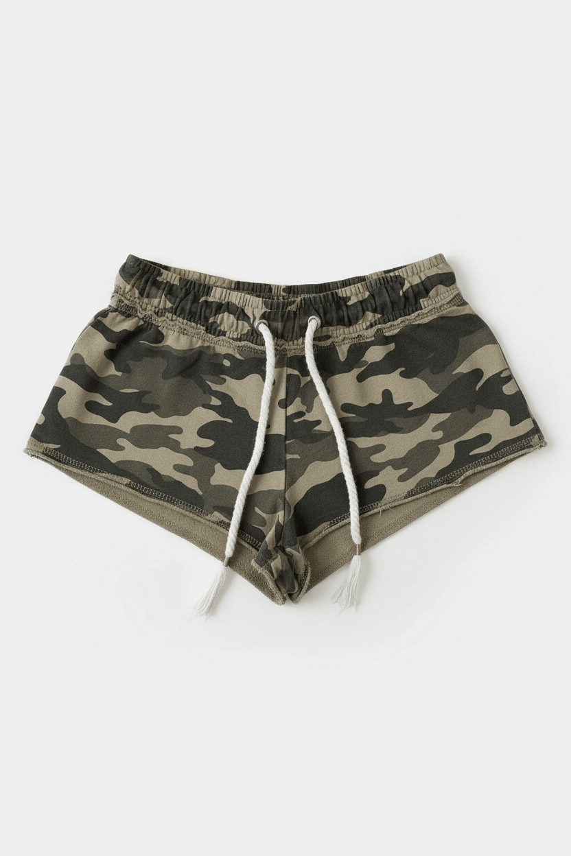 Camouflage patchwork drawstring shorts on model - alternate view