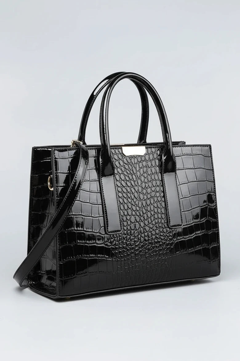 Croc texture tote handbag with gold hardware - styling view