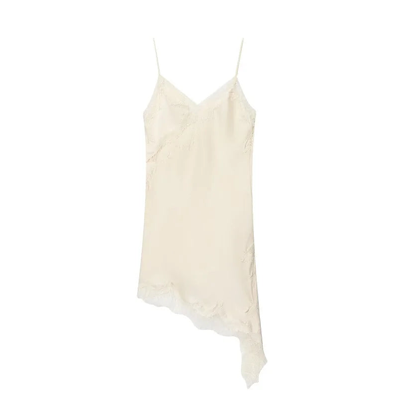 Asymmetrical lace satin slip dress on model - view 19