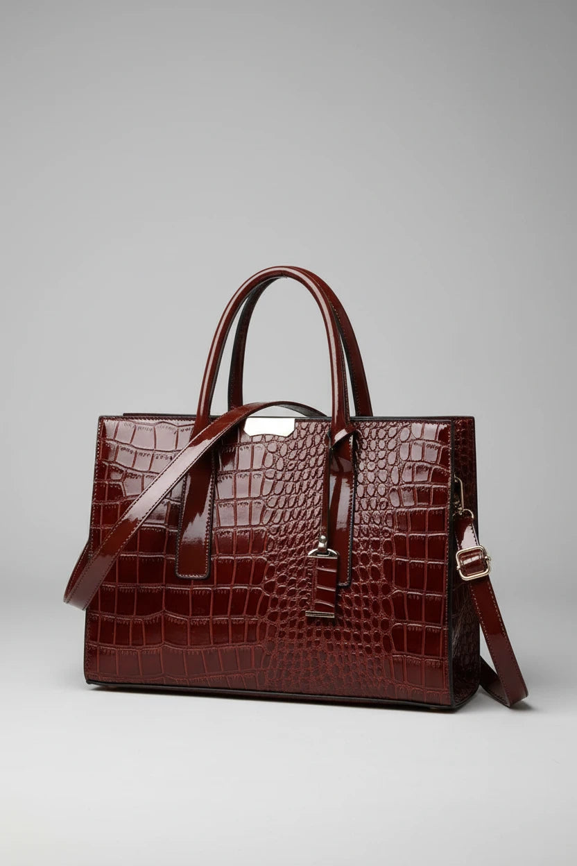 Croc texture tote handbag with gold hardware - detail shot