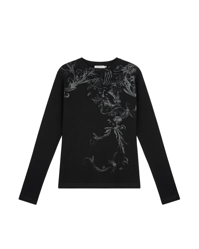 Mall goth baroque graphic thermal shirt on model - alternate view