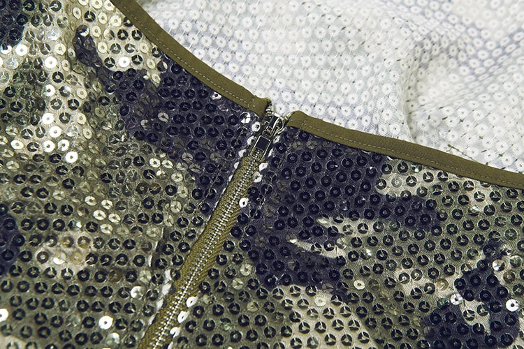 Camouflage sequin halter top on model - detail shot