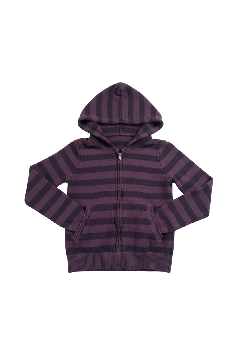 Purple striped zip hoodie on model - alternate view