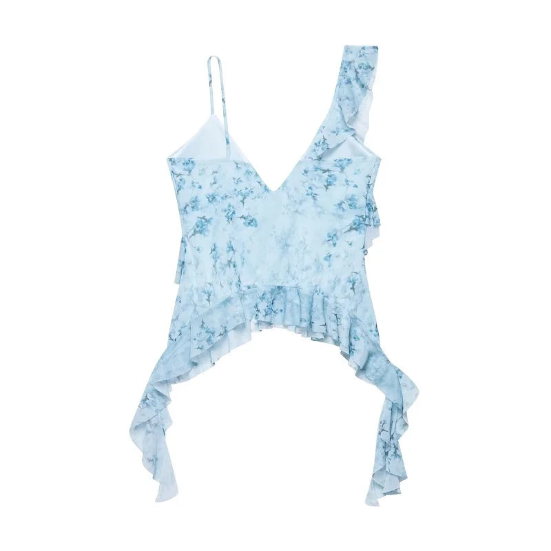 Print ruffle tulle top on model - view 10
