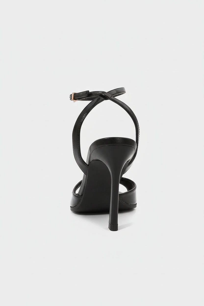 Square toe ankle strap stiletto heels on model - styling view