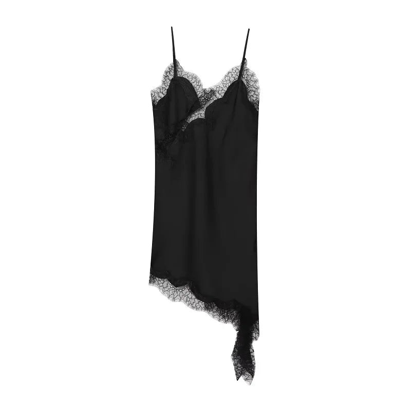 Asymmetrical lace satin slip dress on model - view 18