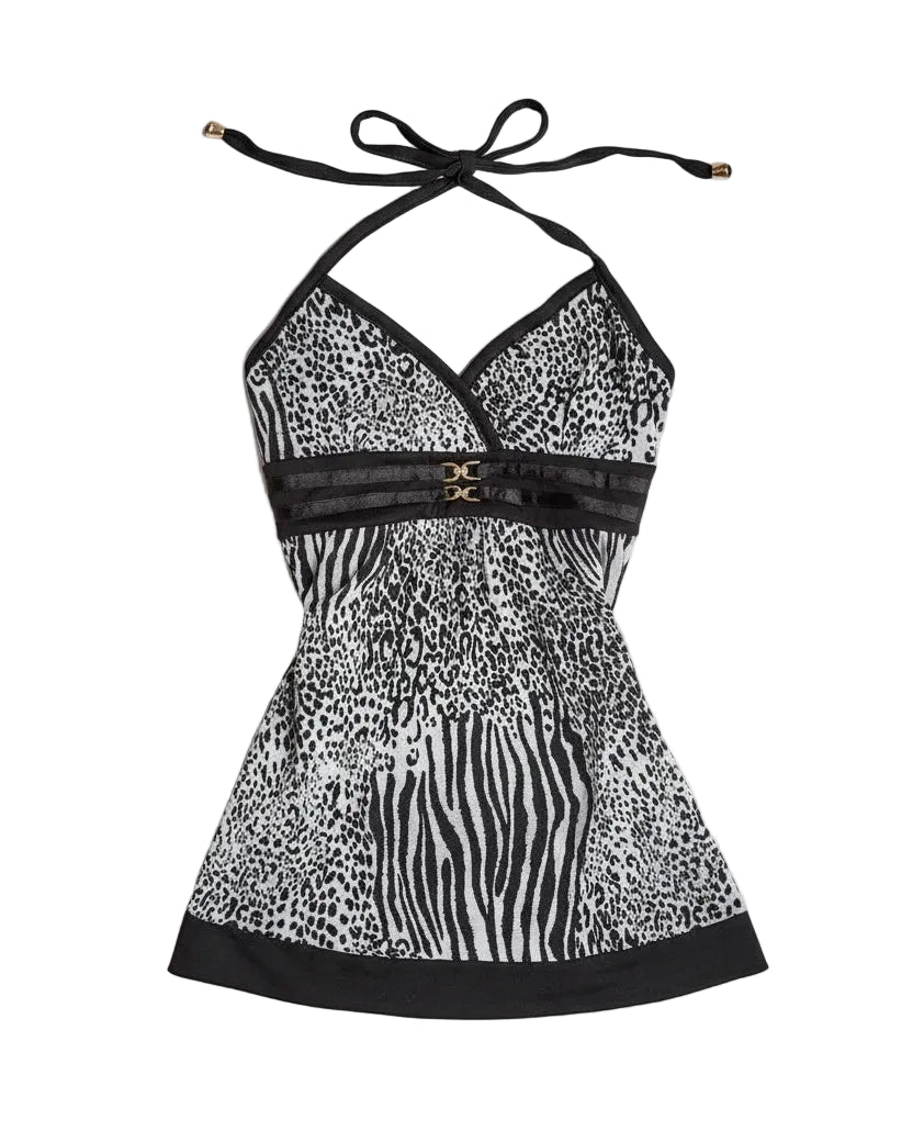 Zebra halter babydoll tank top on model - detail shot