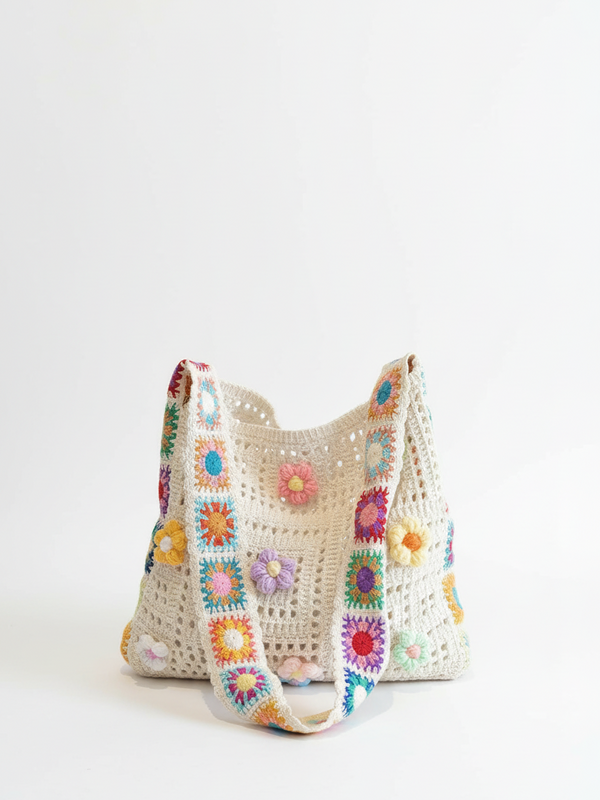 Crochet flower tote bag flat lay