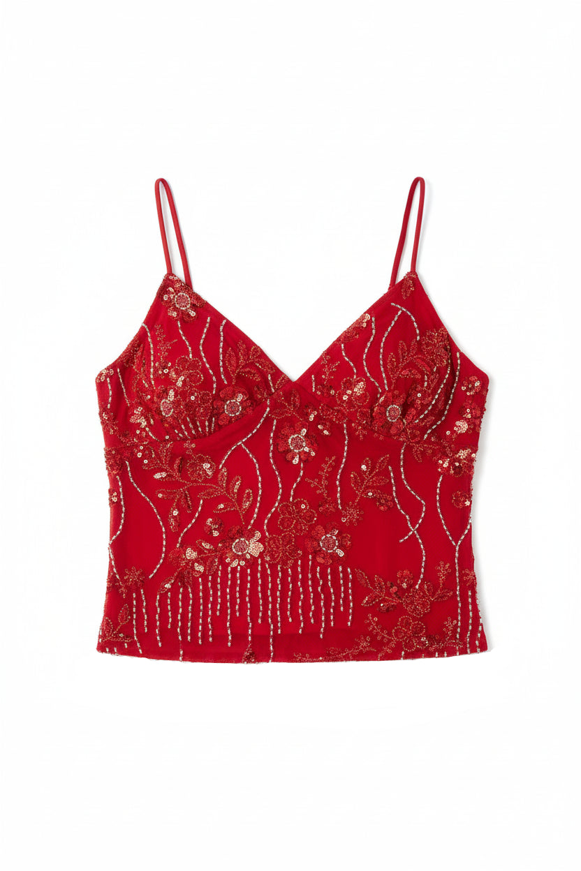 Embroidery flower sequined cami top on model - view 6
