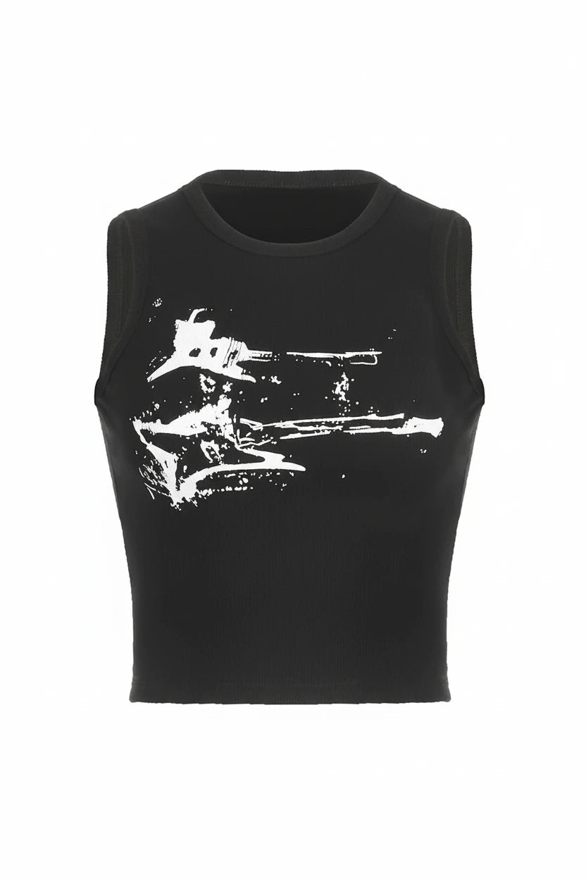 Guitar print ribbed tank top on model - view 20