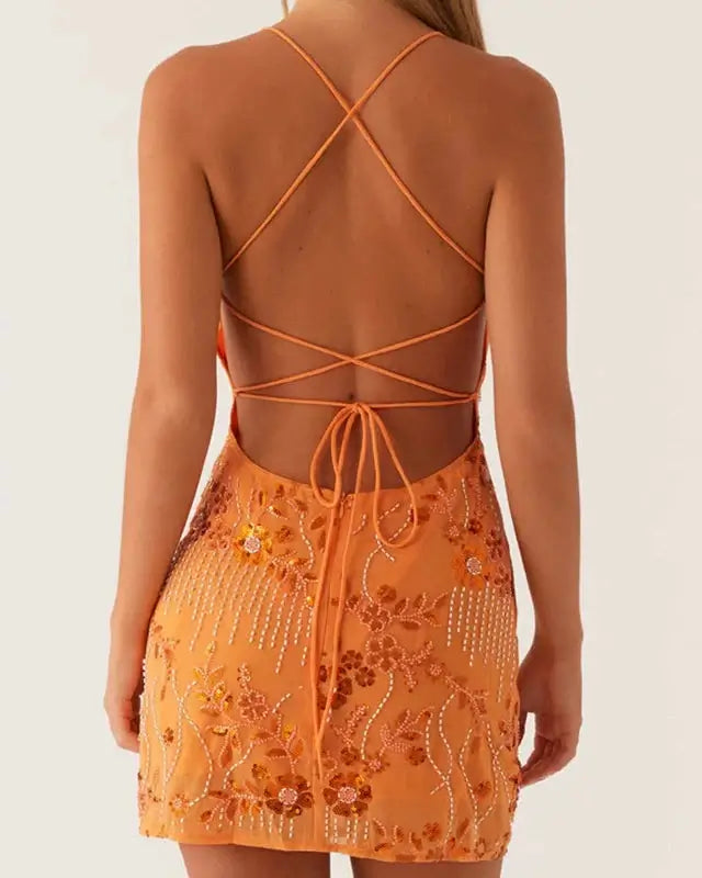 Sequin beaded cami mini dress on model - view 8