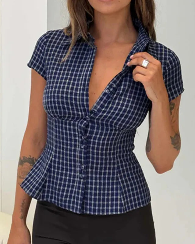 Y2K plaid button down shirt on model - view 13