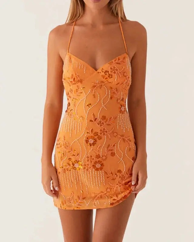Sequin beaded cami mini dress on model - view 7