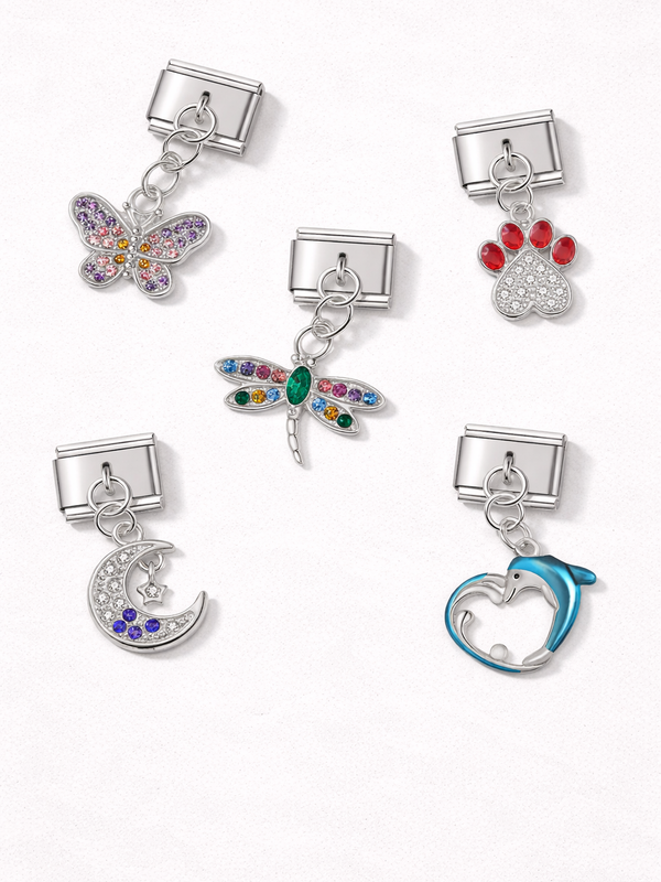 Dangling rhinestone Italian charm detail shot