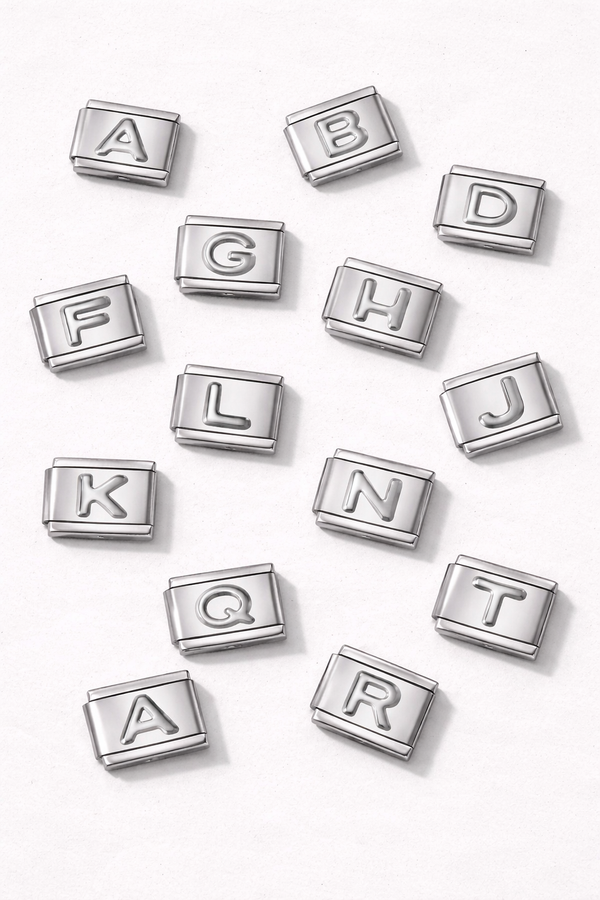 Silver letter Italian charm on bracelet