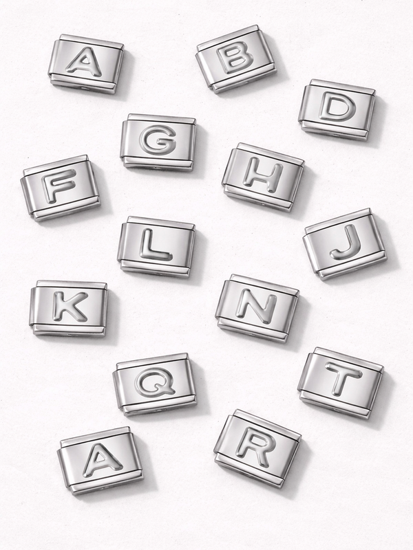 Silver letter Italian charm on bracelet