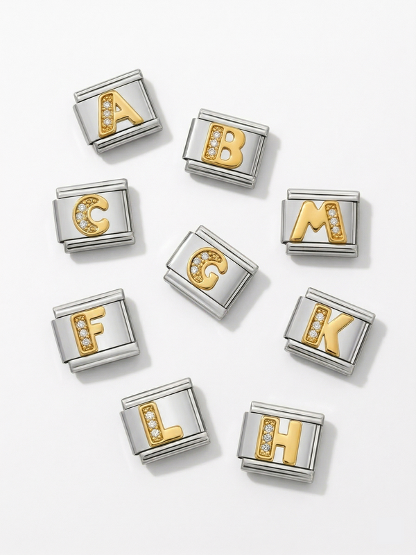 Mixed metal alphabet Italian charm close up