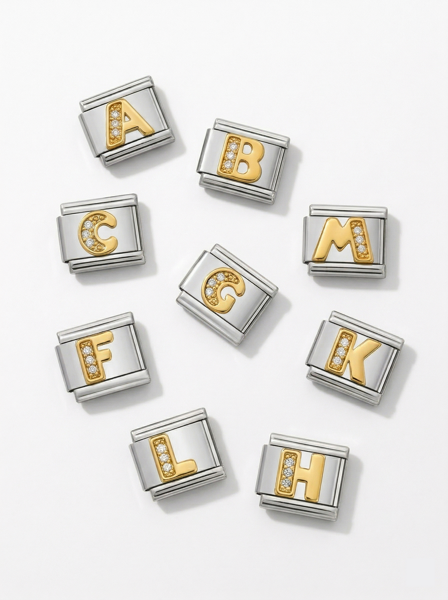 Mixed metal alphabet Italian charm close up