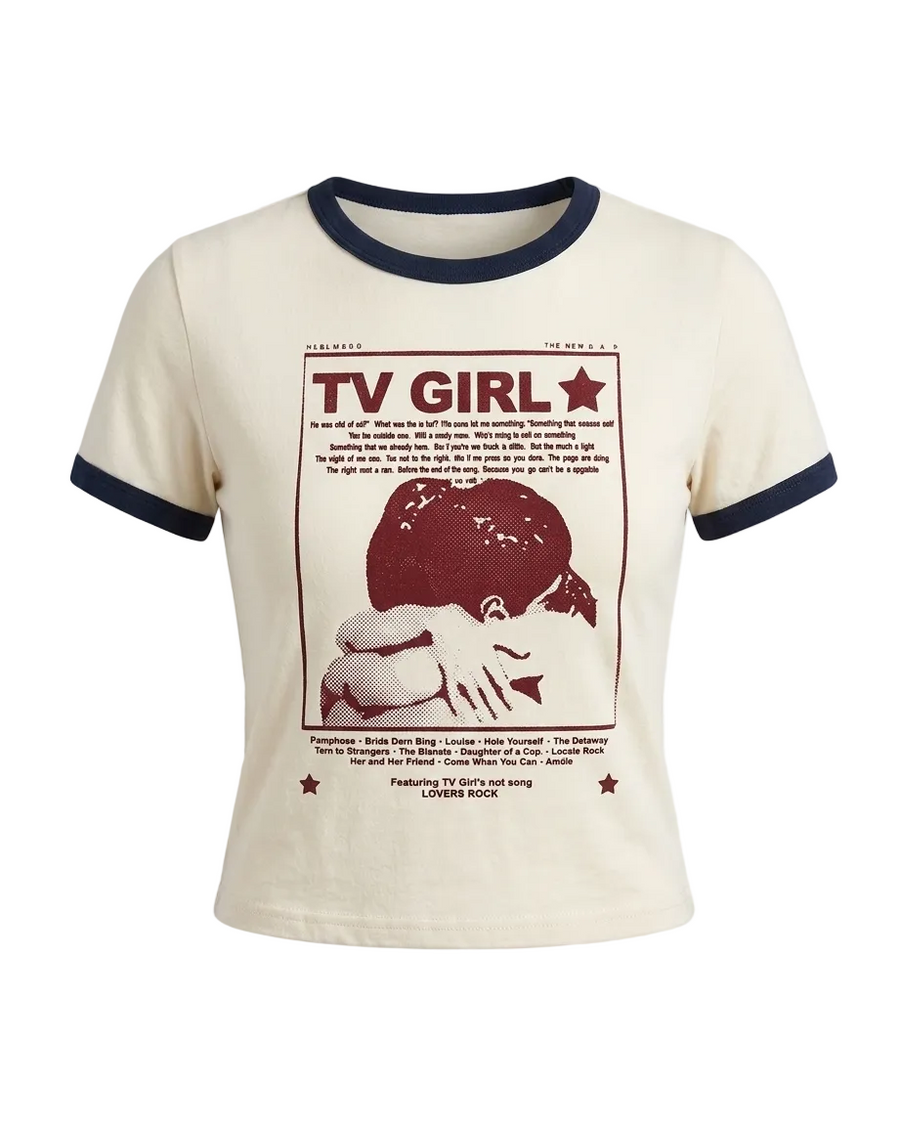 TV Girl red graphic top on model - styling view