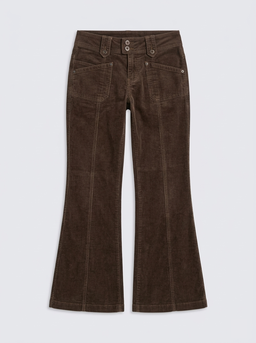 Brown corduroy low rise flare pants on model - alternate view
