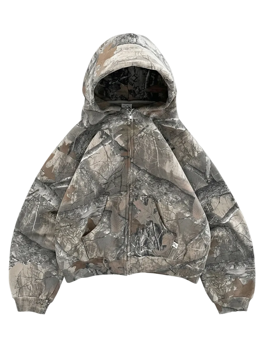 Boxy camouflage zip hoodie on model - alternate view