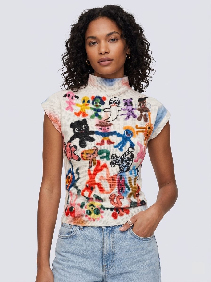 All-over koi print mock neck mesh top on model - styling view