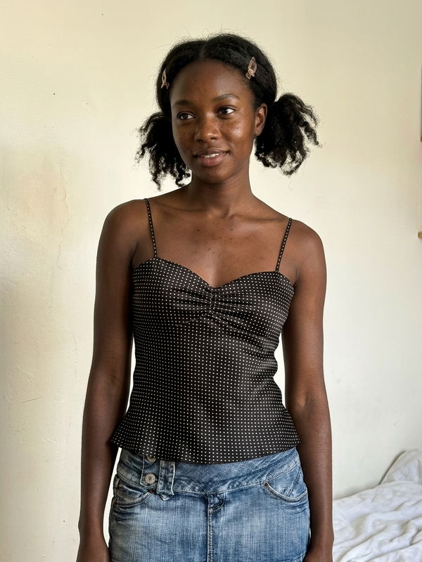 French polka dot peplum camisole on model