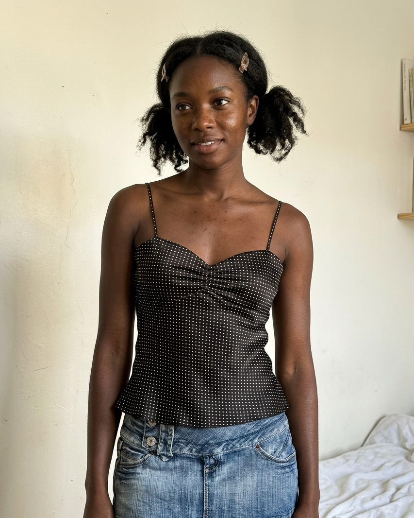 French polka dot peplum camisole on model