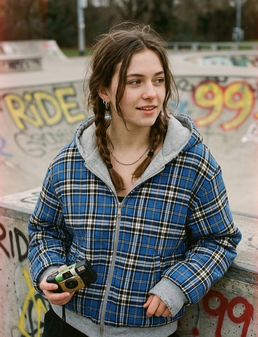 Reversible plaid zip hoodie on model - alternate view