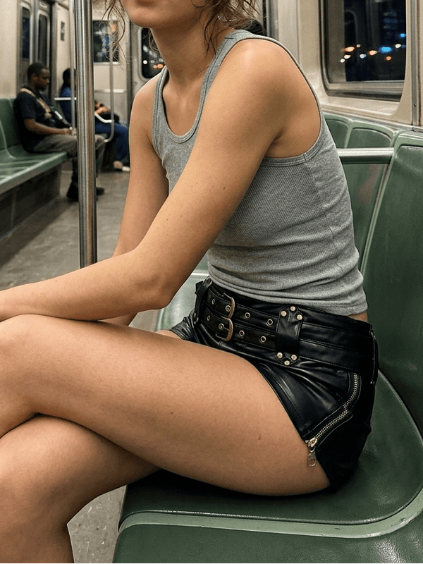 Low rise faux leather micro shorts on model