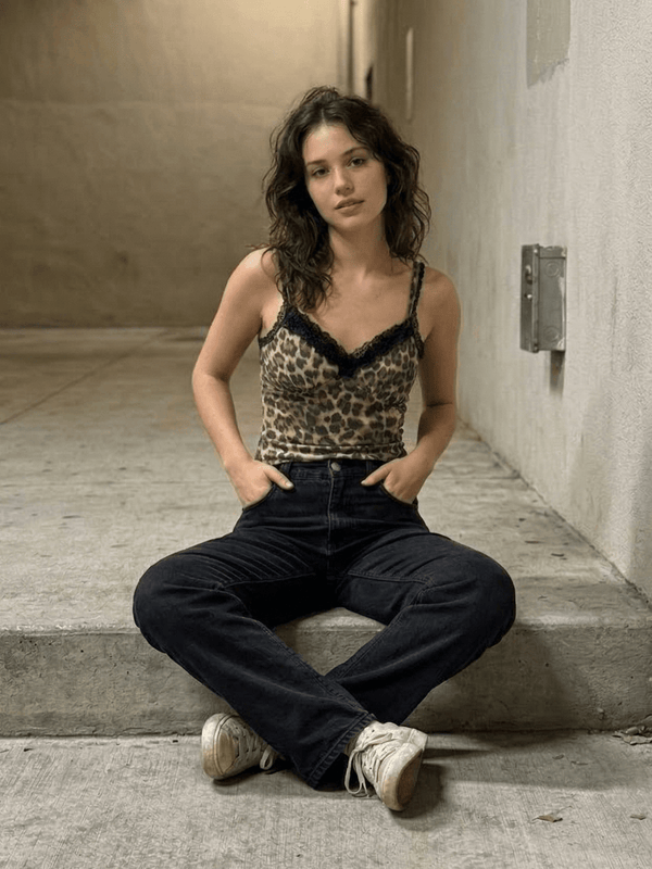 Lace trim leopard print cami top on model