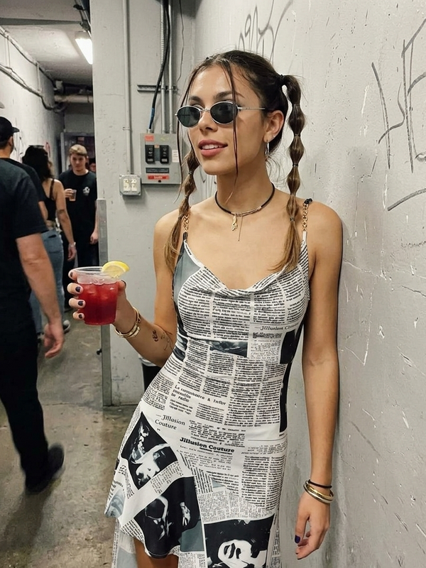 Newsprint handkerchief hem dress on model