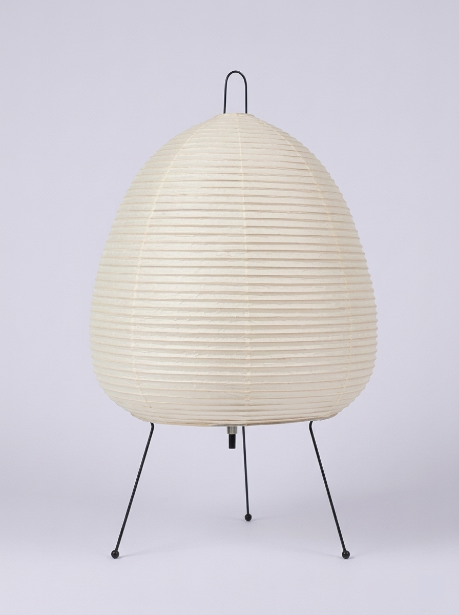 Tripod rice paper table lamp lit up - alternate view